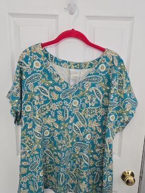 J. Jill Teal Paisley Floral V-Neck Blouse